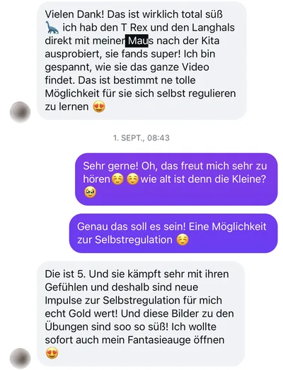 Chatverlauf: Eine Mutter schreibt Isabell, dass ihre fünfjährige Tochter sehr mit ihren Gefühlen kämpft und neue Impulse zur Selbstregulation für sie Gold wert sind