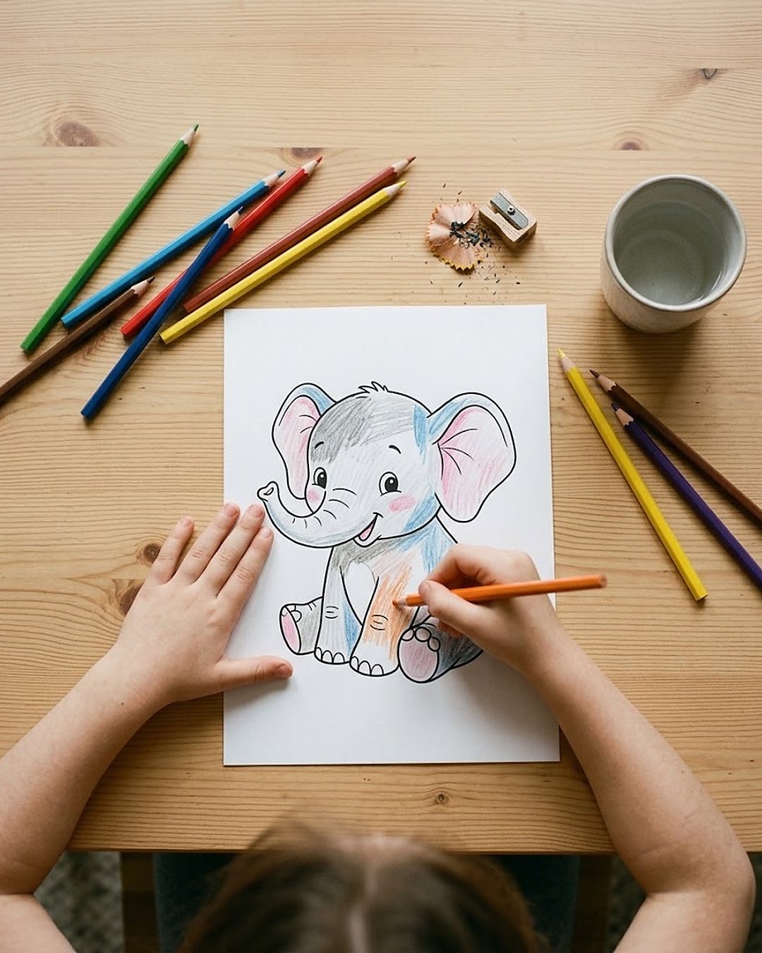 Kinderhände malen das Eli-Ausmalbild mit Buntstiften aus