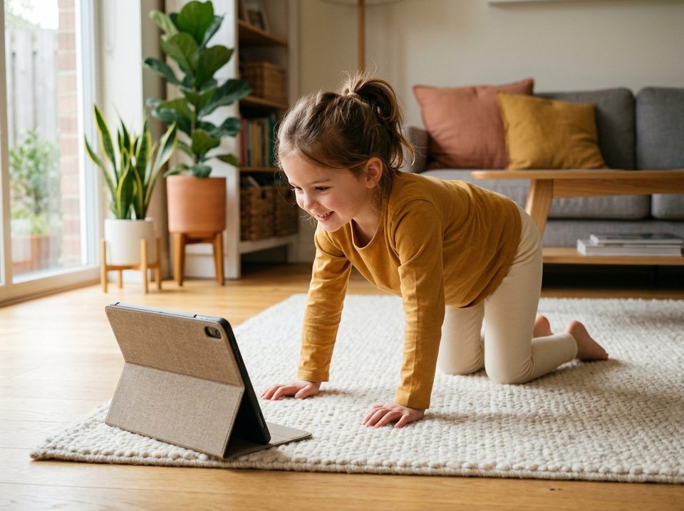 Mädchen macht die Katze auf dem Teppich und schaut auf ein Tablet, das vor ihr steht