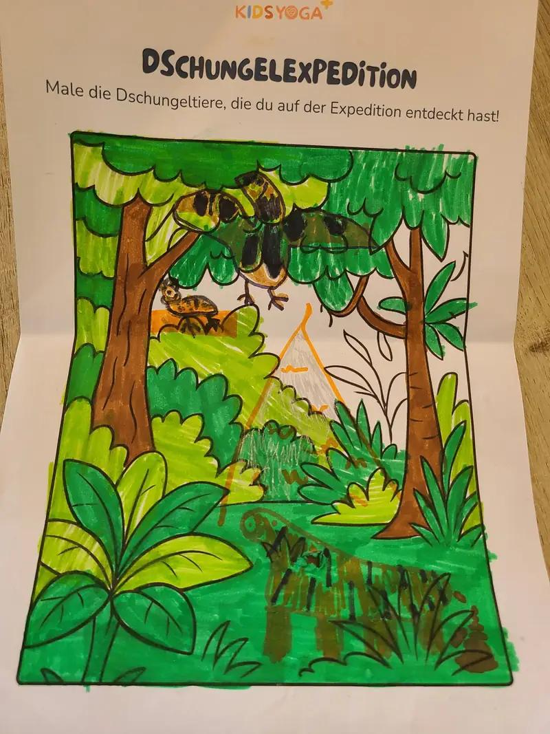 Ausmalbild Dschungel-Expedition aus Woche 1, von einer Familie im Kurs bunt ausgemalt